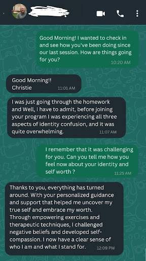 Text conversation discussing emotional growth, coping strategies, and self-awareness, highlighting the importance of mental health support for men