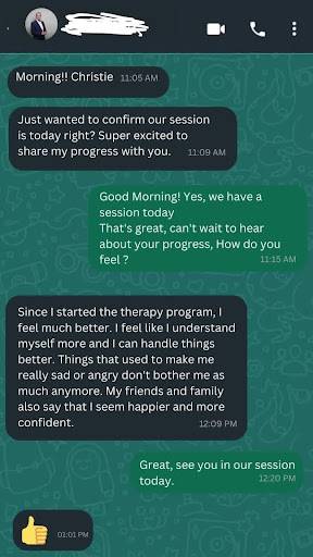 Text conversation discussing emotional growth, coping strategies, and self-awareness, highlighting the importance of mental health support for men