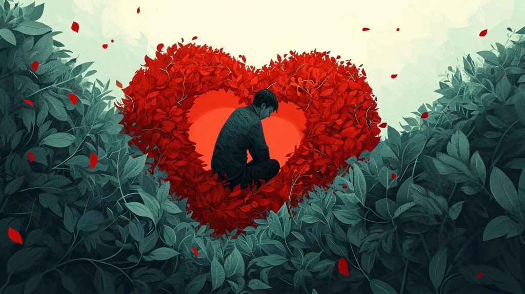 Illustration of a person surrounded by a heart-shaped formation of leaves, symbolizing the emotional isolation and loneliness felt even in a relationship.