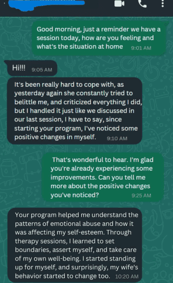 Text conversation discussing emotional growth, coping strategies, and self-awareness, highlighting the importance of mental health support for men.