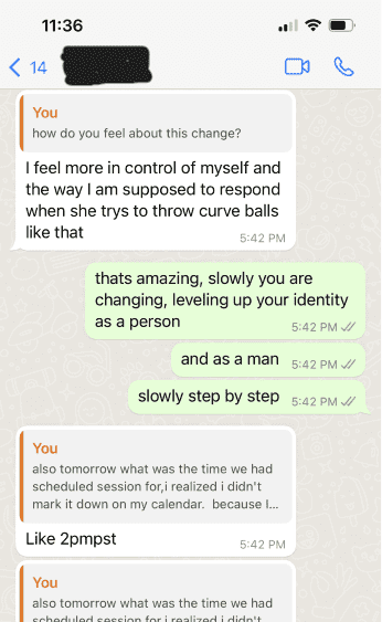 Text conversation discussing emotional growth, coping strategies, and self-awareness, highlighting the importance of mental health support for men.