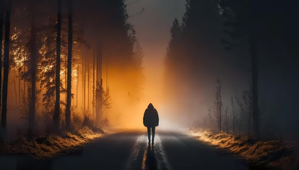 Man walking alone on a deserted road, symbolizing the journey to mental clarity and emotional growth in men’s mental health.
