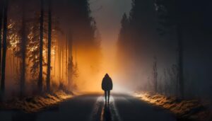 Man walking alone on a deserted road, symbolizing the journey to mental clarity and emotional growth in men’s mental health.