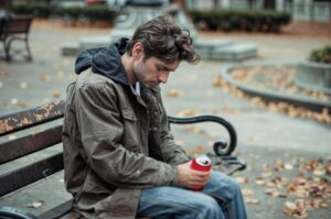 Man sitting alone on a bench, symbolizing emotional distance and the feeling of being emotionally unavailable in relationships.