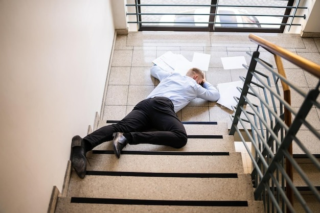 Man collapsed on stairs, symbolizing the emotional toll of falling for toxic relationships and the struggle with unhealthy attraction."