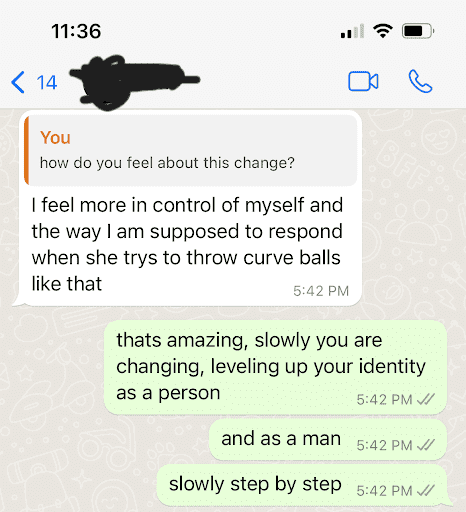 Text conversation discussing emotional growth, coping strategies, and self-awareness, highlighting the importance of mental health support for men.