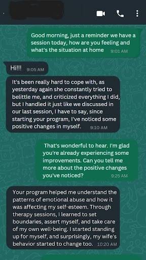 Text conversation discussing emotional growth, coping strategies, and self-awareness, highlighting the importance of mental health support for men.